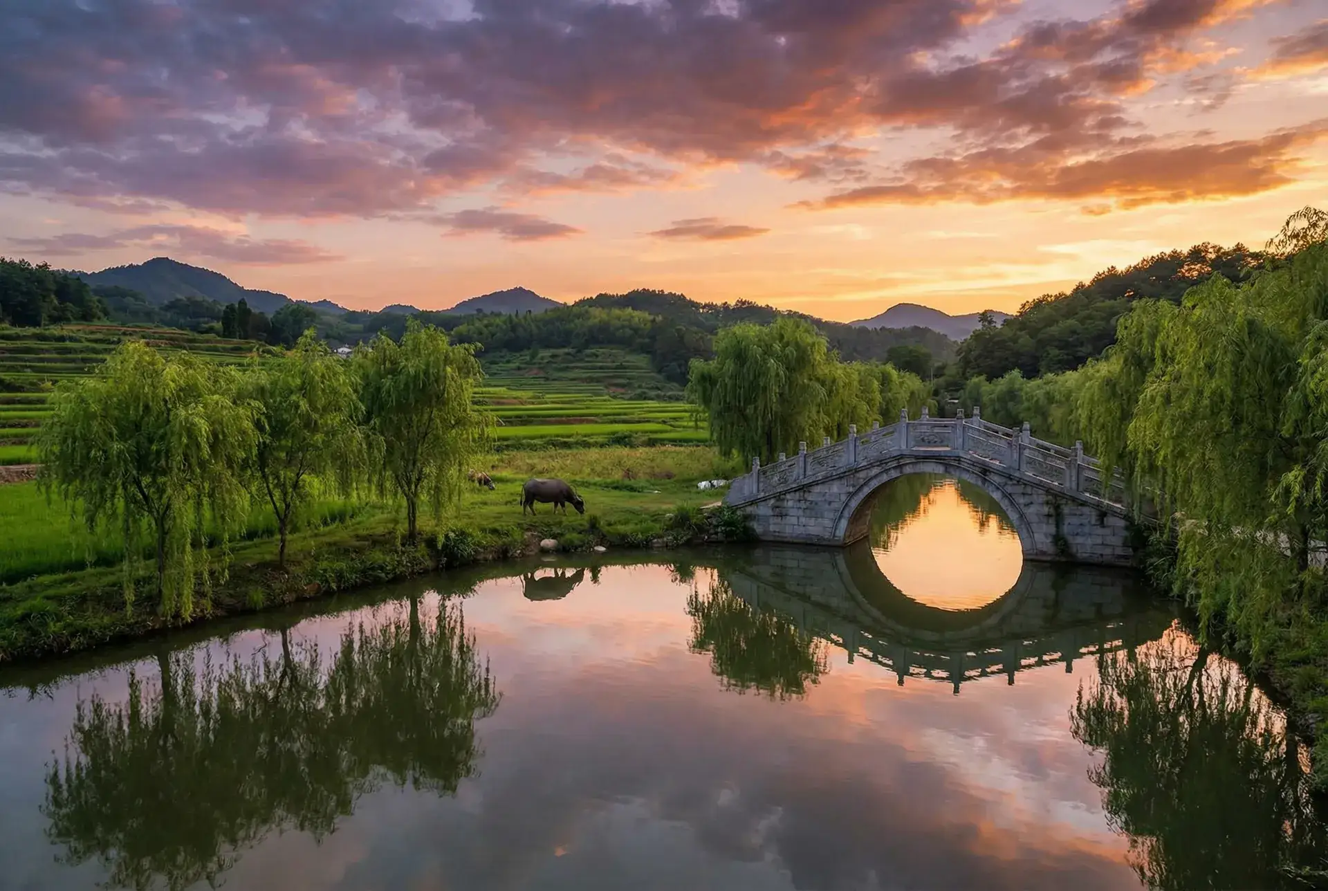 夕阳下的石拱桥与垂柳，水牛在河边吃草 - 鱼人出装 乡村美景